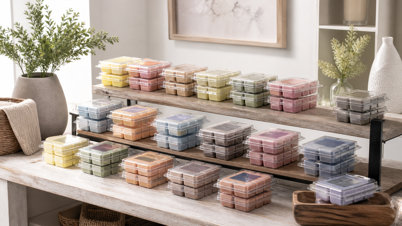 Full product display of Tomhannock wax melts on rustic wood shelves