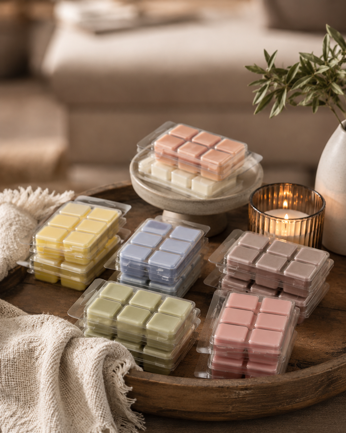 Wax melt packs on a warm wooden tray with lit candle